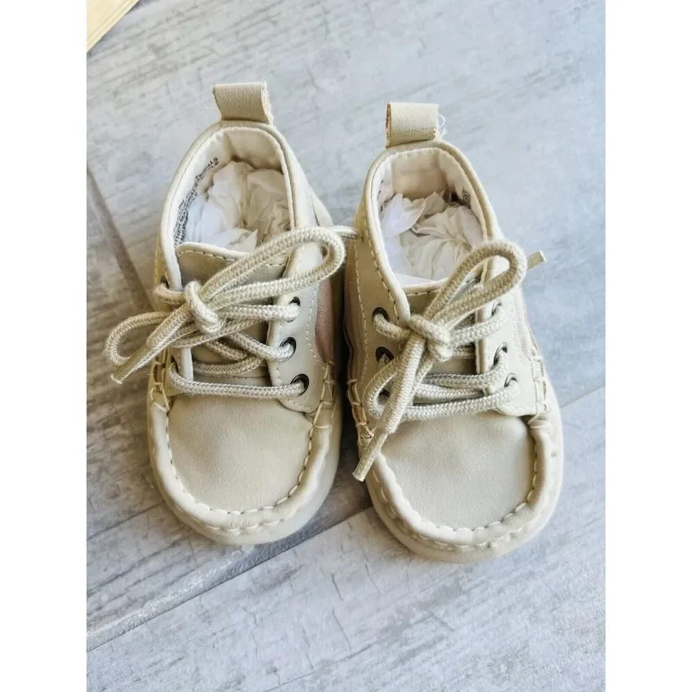 Baby Gap Mid Top Tan Khaki Moccasins Soft Sole Crib Shoes Sneakers Boys 6-12m 3